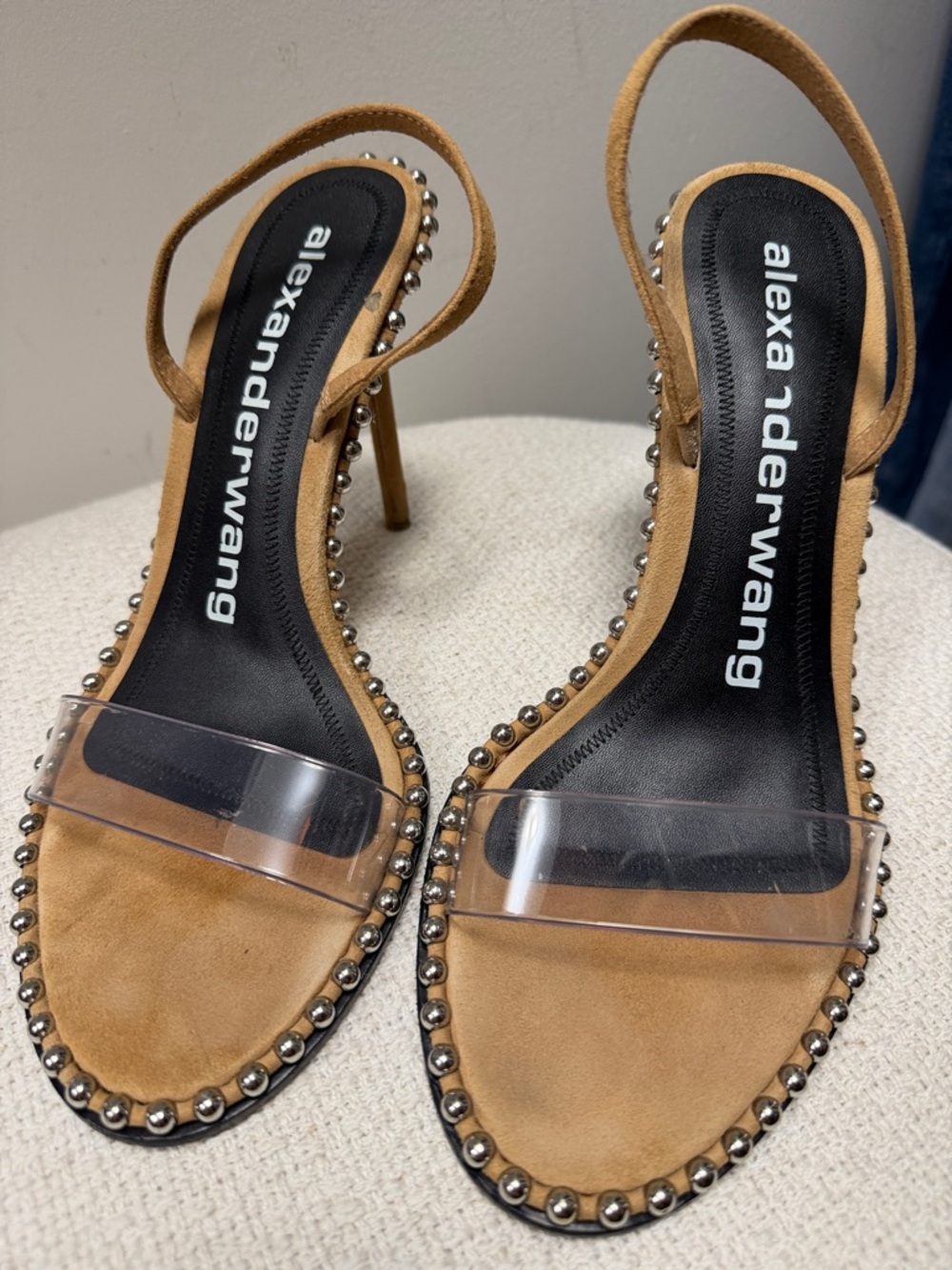 Alexander Wang Tan Suede Slingback Heels with Clear Strap and Stud Trim